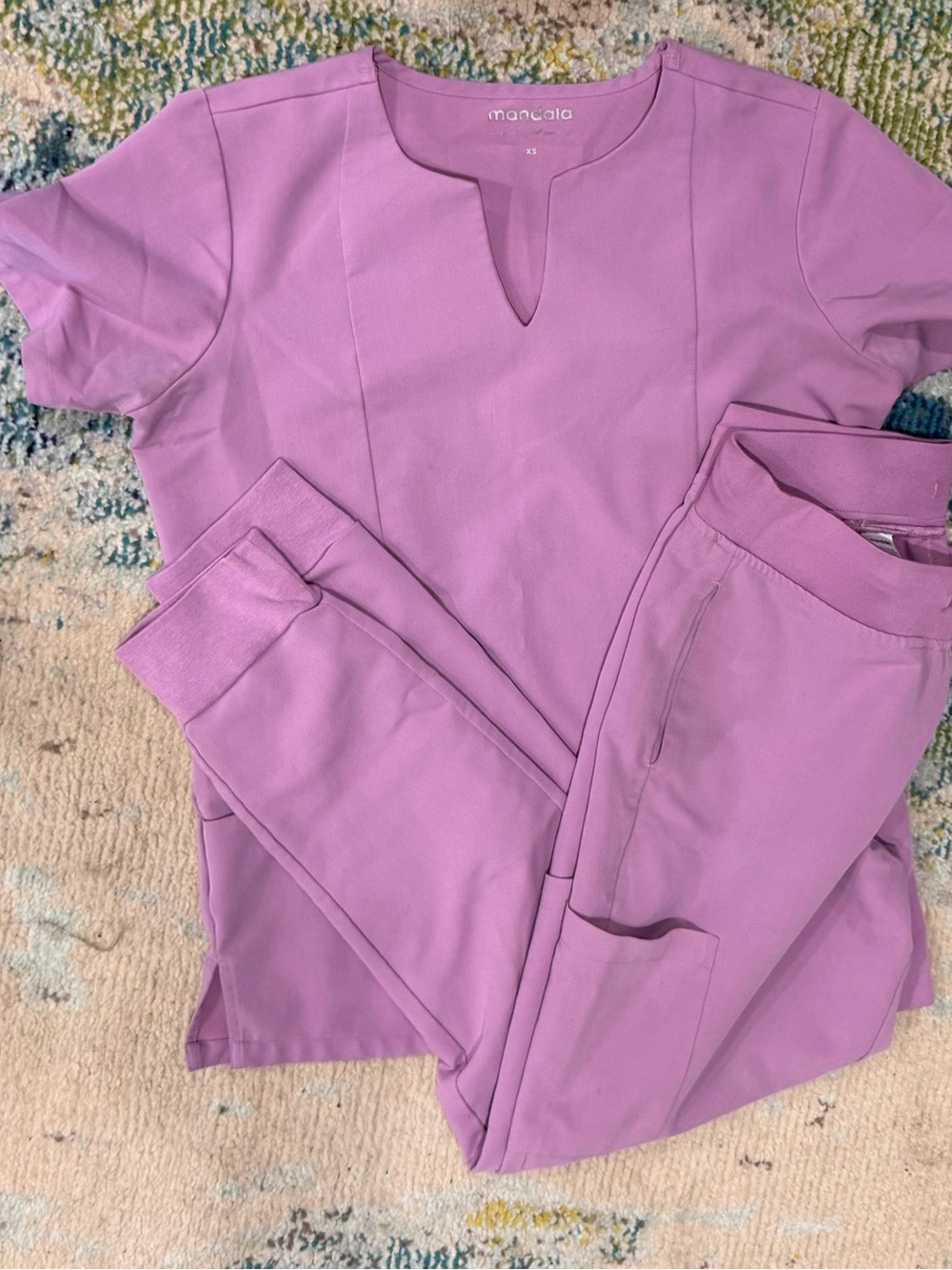 Full set! Mandala Lilac 5 pocket notch neck and 9 pocket joggers scrub set